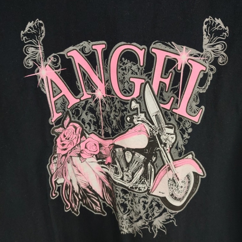 Ladies Biker Black Tee Shirt with Pink Motorcycle Rose Word Angel Size Large - Picture 2 of 4